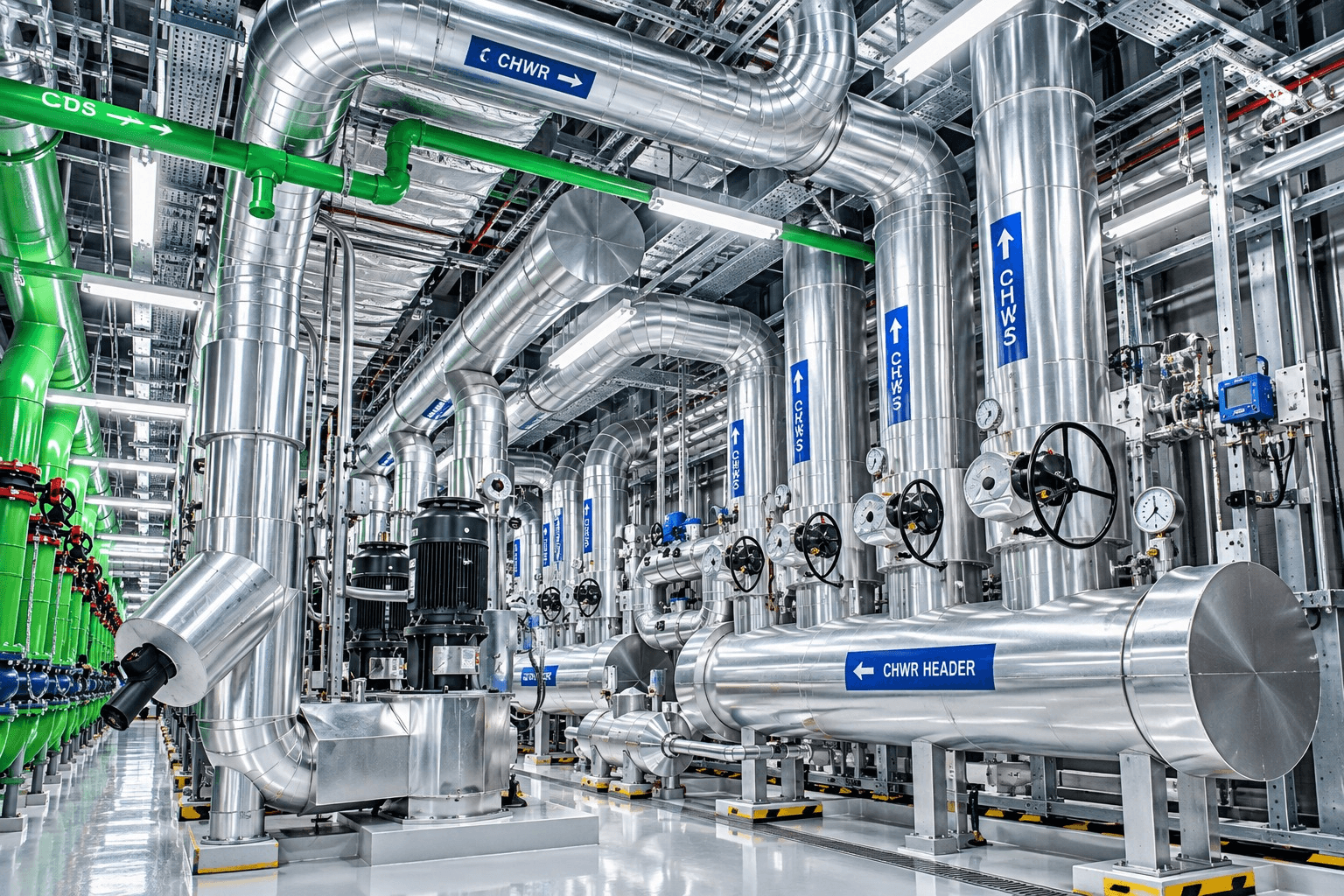 Mechanical piping with pumps and insulated chilled water lines