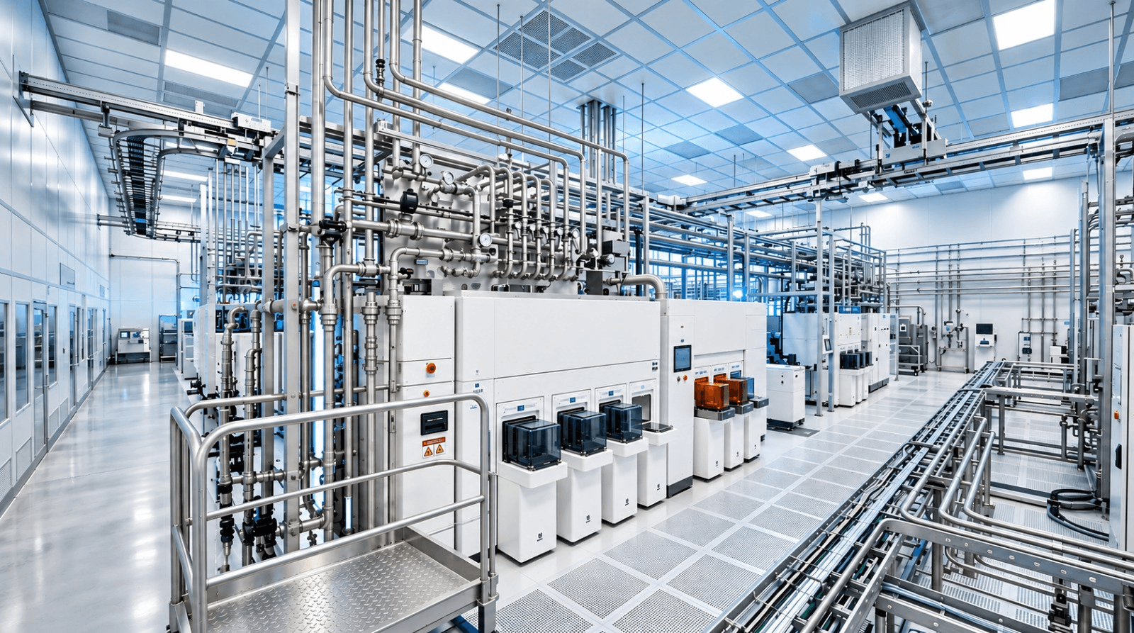 Semiconductor cleanroom with process equipment and stainless steel piping