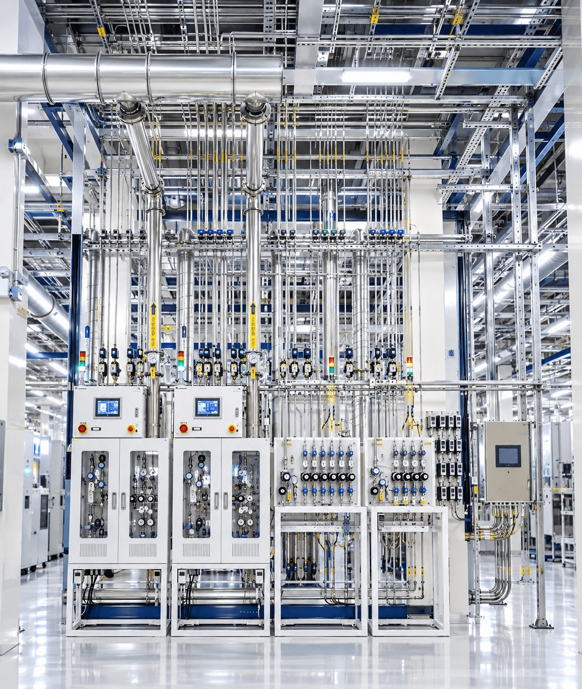 Stainless steel distribution piping and control panels